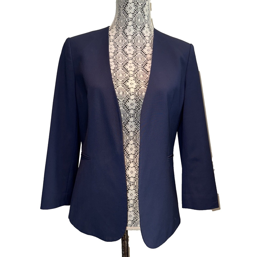 $275 THEORY - Blue Lindrayia Traceable Wool Open-Front Blazer Jacket - Womens 8